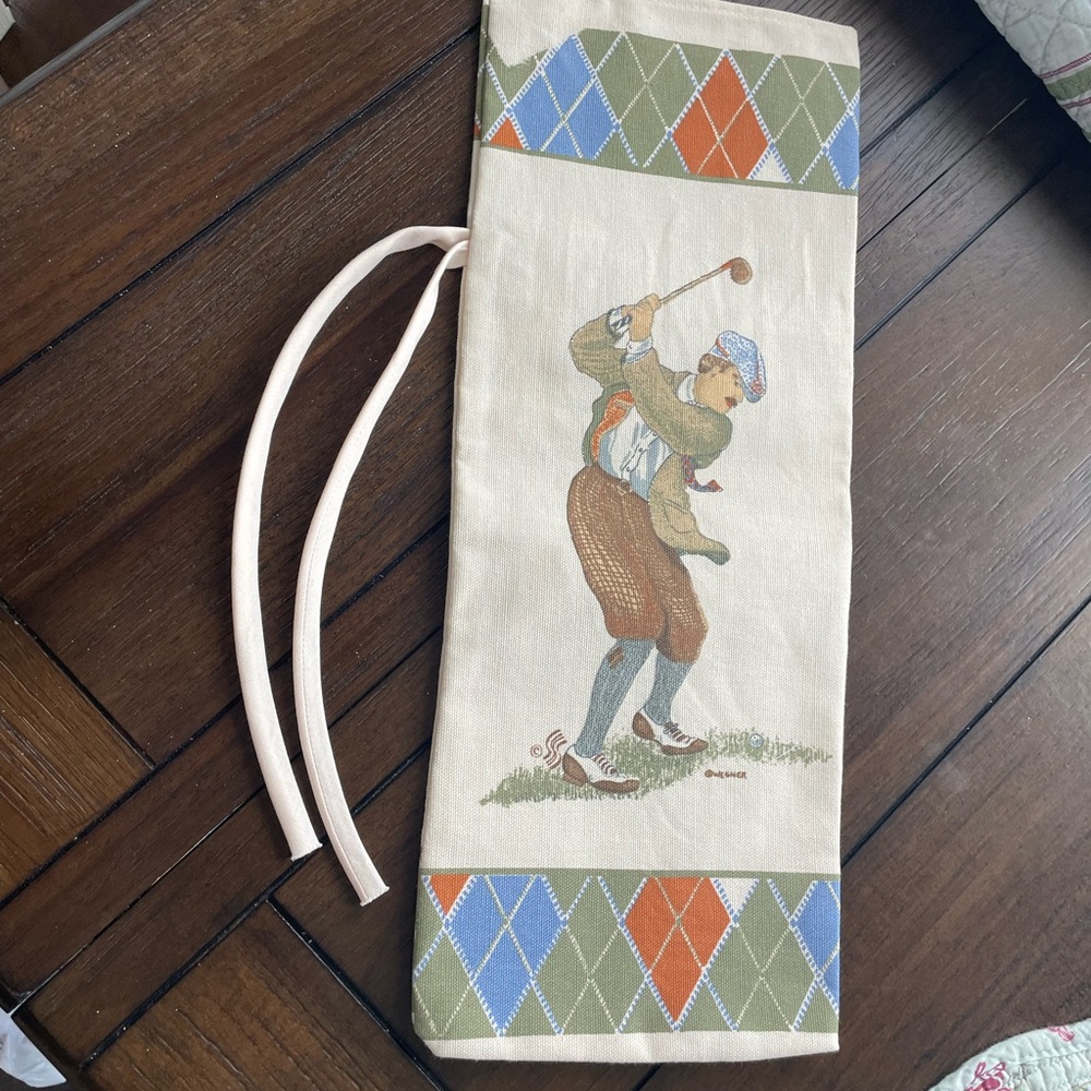 Vintage Golf Player Shoe Bag in Cream, Olive & Blue, 6-1/4” X 16” NEW. Unisex